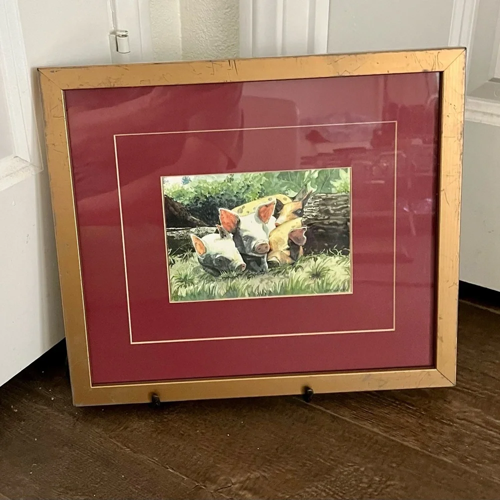 Gold Framed Animal Art Print signed “SMcLean 1996” 12/14 inches